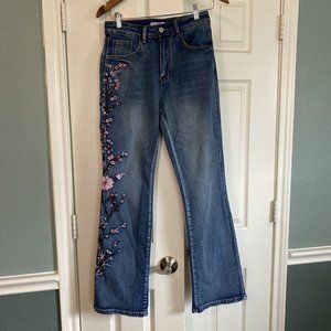 misslook embroidered pink floral denim jeans Sz Small 28x29